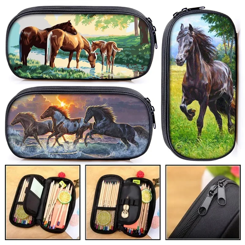 Ladies Cosmetic Bags For Young Boys Girls Pencil Case Children School Supplies Galloping Animal Black Horse Print  Pencil Bag