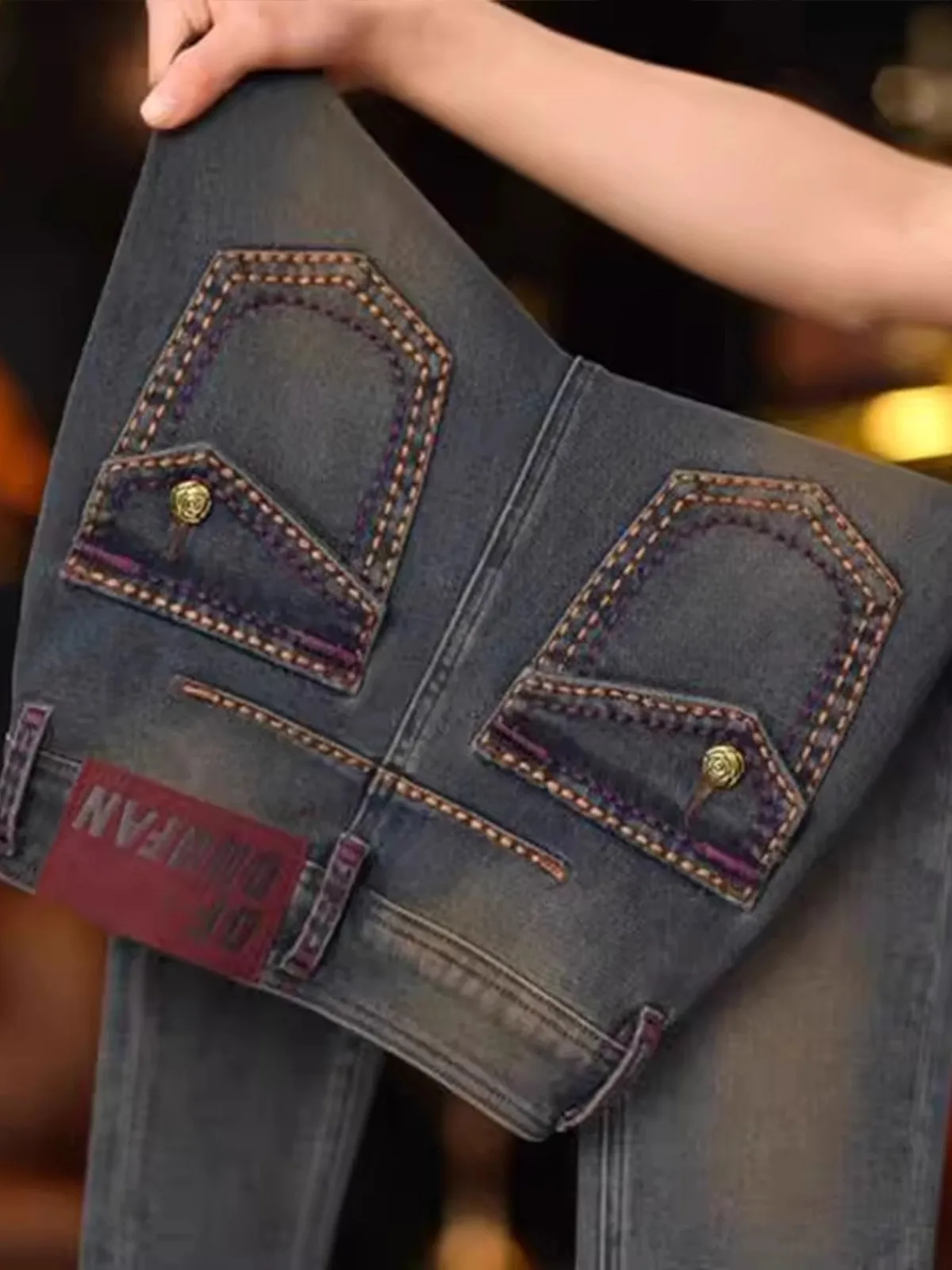 

Retro Hong Kong Sle High Waist Fce Lined Denim Skinny Pants Women's Casual Faion Stretchy Nine Points Lengthening Legs