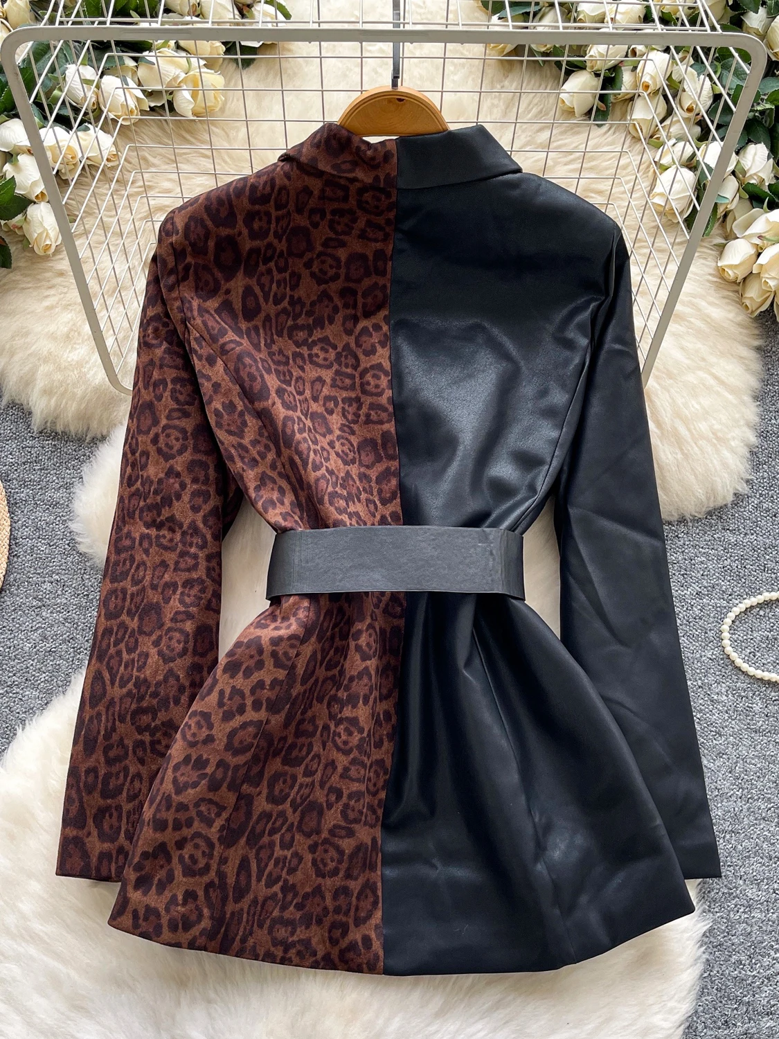 Damen Schwarz Gothic Patchwork Leopard Blazer Jacke Y2k Harajuku 2000er Jahre Vintage Langarm Einreiher Anzug Mantel Oberbekleidung