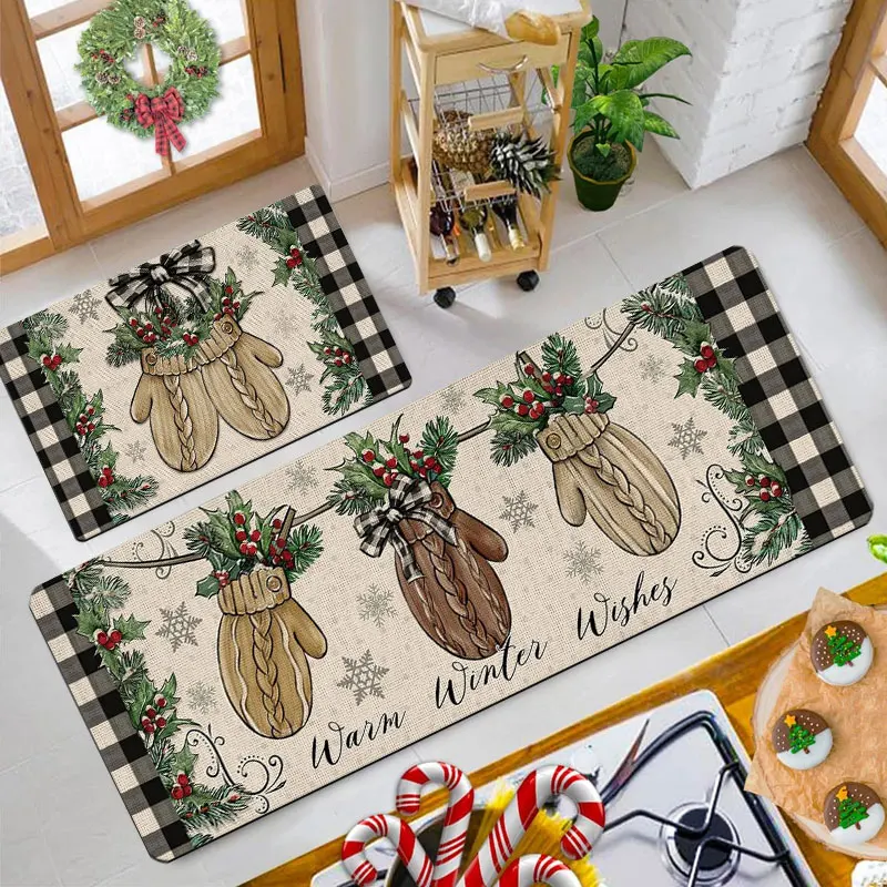 

Christmas Kitchen Carpet with Glove Pattern Festive Home Decor Rug for Holiday Season