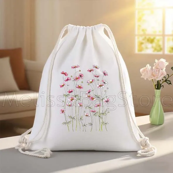 Pink Daisies Cornflowers Cosmos Flower Tulip Poppies Canvas Drawstring Bags Soccer Backpack Gym Sackpack String Bag for Sports