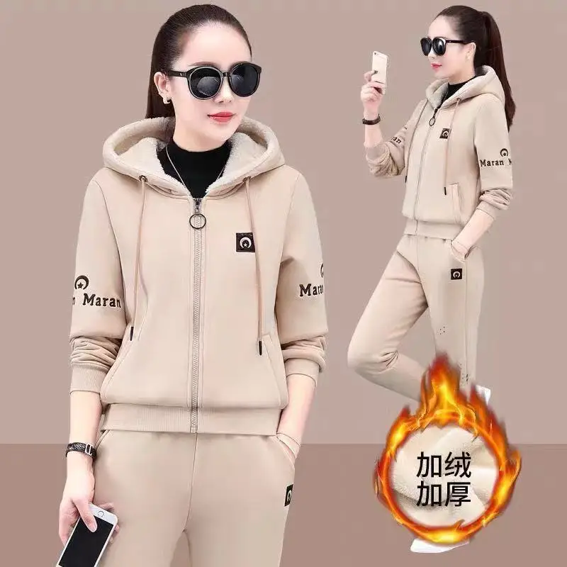 Korean Popular Autumn and Winter New Plush Thick Hoodie Casual Trousers Two-piece Elegant Women\'s Running Sports Suit Pants Set