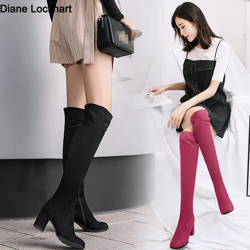 2023 Autumn Winter New Suede Over The Knee Boots Round Head Ladies Zip Elastic Boots Long Bota Feminina Zapatos de Mujer 32 33