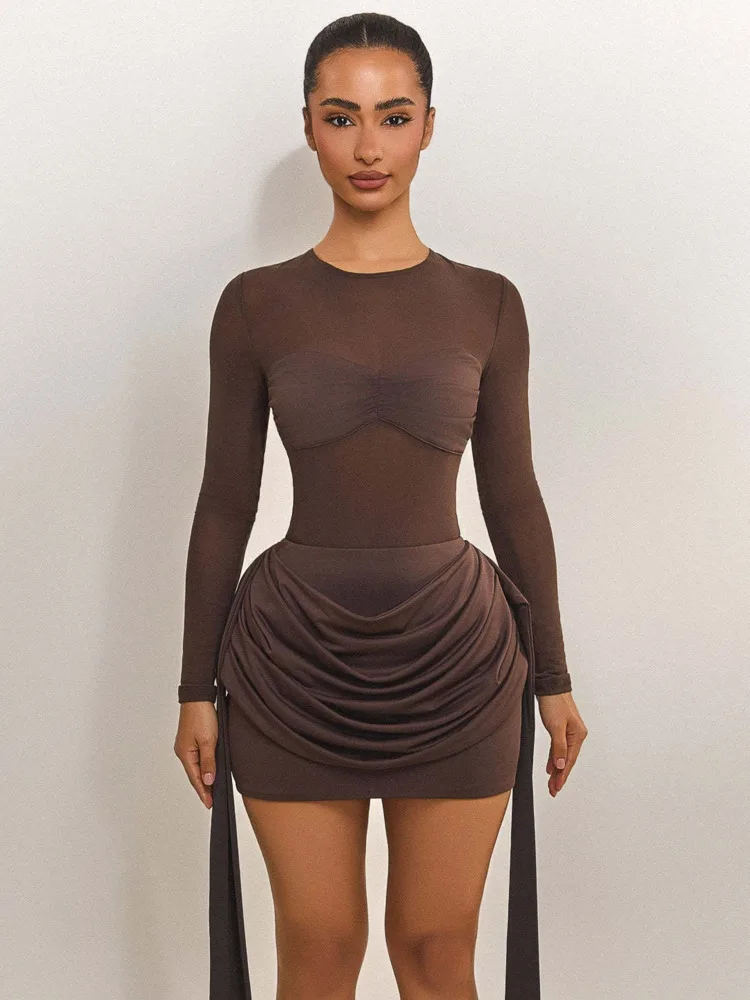 Articat elegante manga longa malha retalhos elástico bodycon mini vestido feminino sexy sheer magro festa clube vestido de noite winter2026