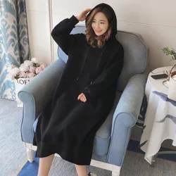 Women Autumn Winter Loose Black Hoodie Dresses New Korean Thick Velvet Long Sleeve Red Medium Length Dress Temperament Commuting