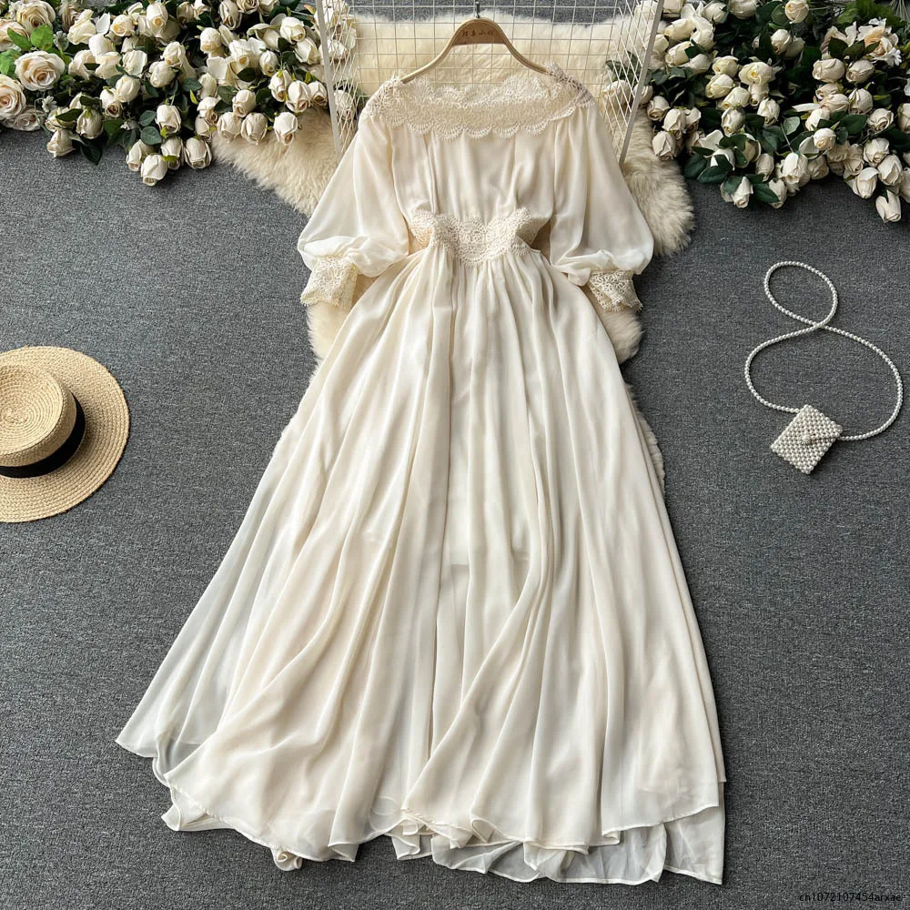 

Runway Luxury Designer Women's Party Dress Elegant Summer Autumn White Chiffon Metal Beading Rivet Lantern Sleeve Long Vestidos