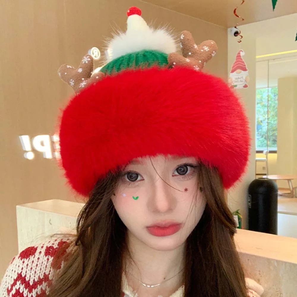 

Fashion Soft Christmas Plush Cap Antlers Windproof Big Pullover Hat Woven Plush Red Knitted Woolen Hat Winter