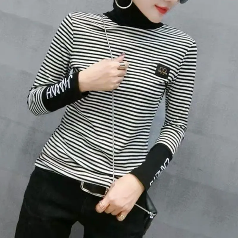 Commute Striped Letter Spliced T-shirt Female Clothing Fashion Patch Designs 2023 Spring Autumn Slim Korean Turtleneck Pullovers