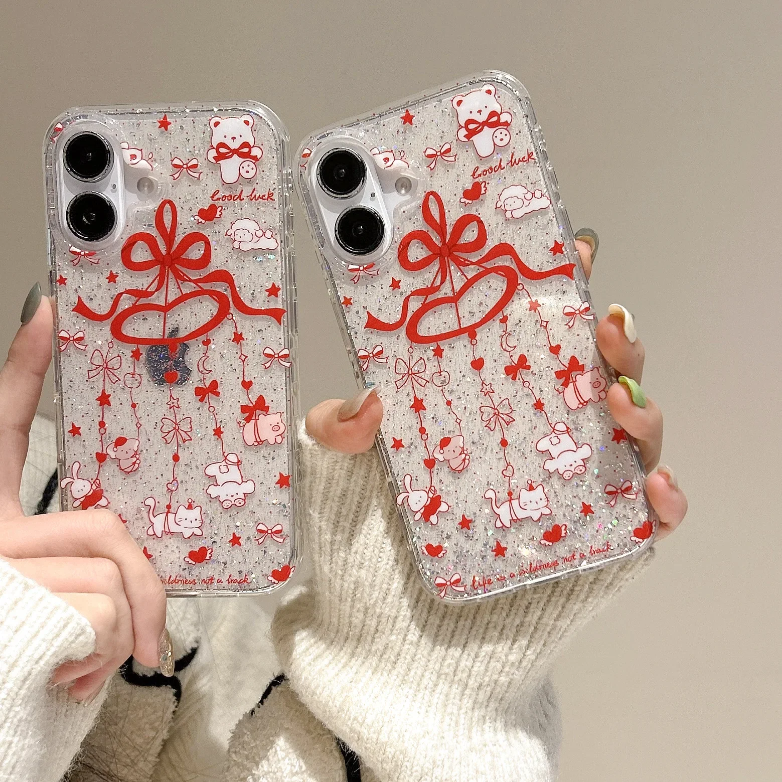 바람 종소리 동물 빨간색 활 넥타이 아트 반짝이 투명 전화 케이스, 아이폰 16 15 14 13 프로 맥스 케이스, 귀여운 럭셔리 만화 커버