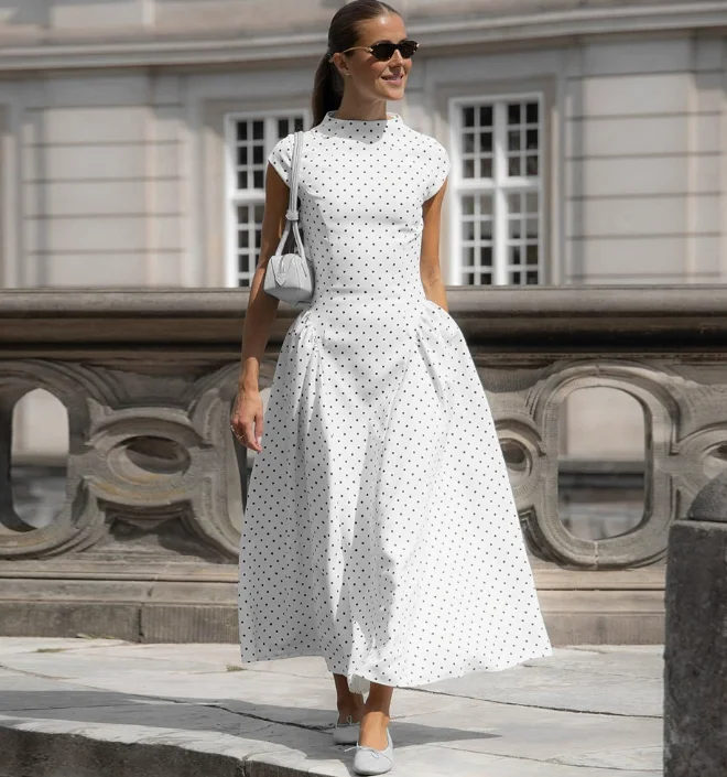 Nouvelles Robes Longues Élégantes d'Été pour Femmes – Version Améliorée, Décontractées à Pois, Robe de Soirée Gracieuse, Robes Décontractées Ajustées pour les Vacances