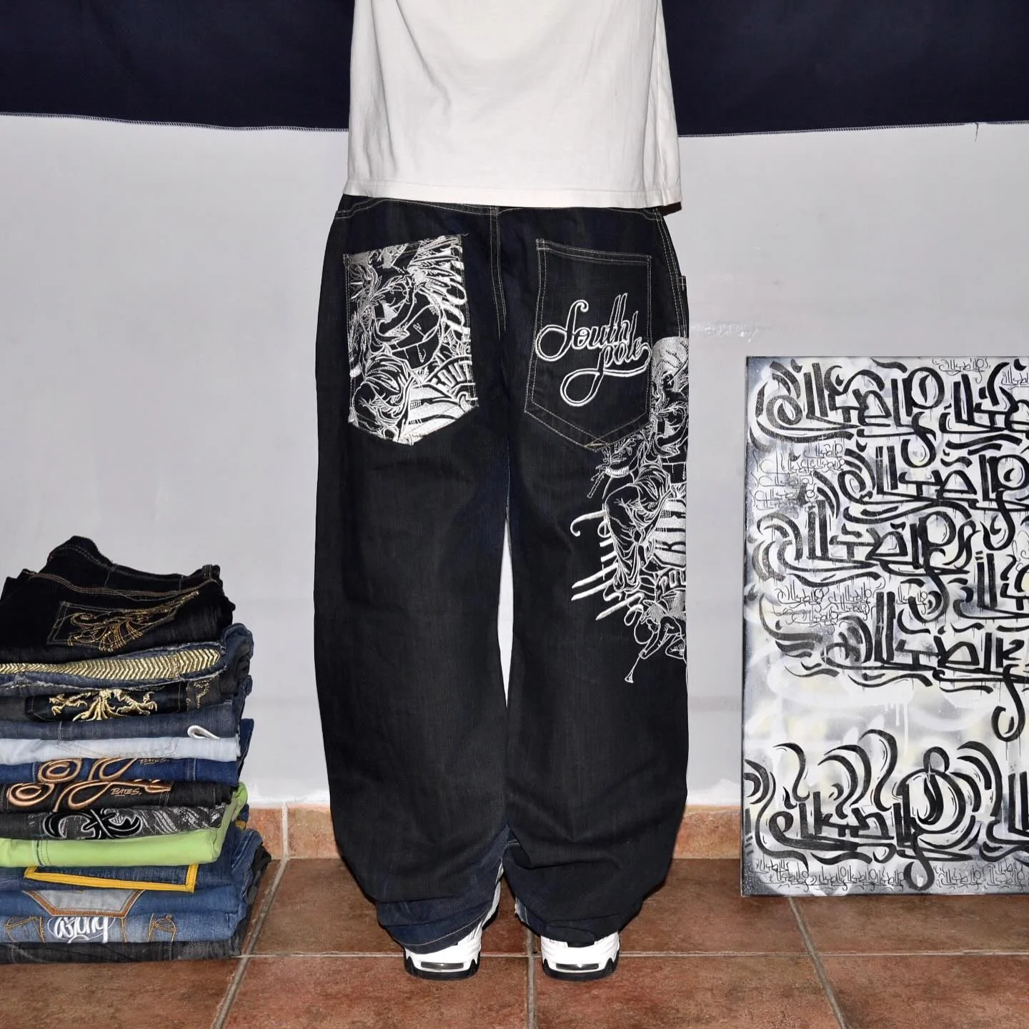 Vintage SouthPole Baggy Rap Naw Tide Logo Y2K جينز هاي ستريت جيوب متعددة السراويل الشاملة #4