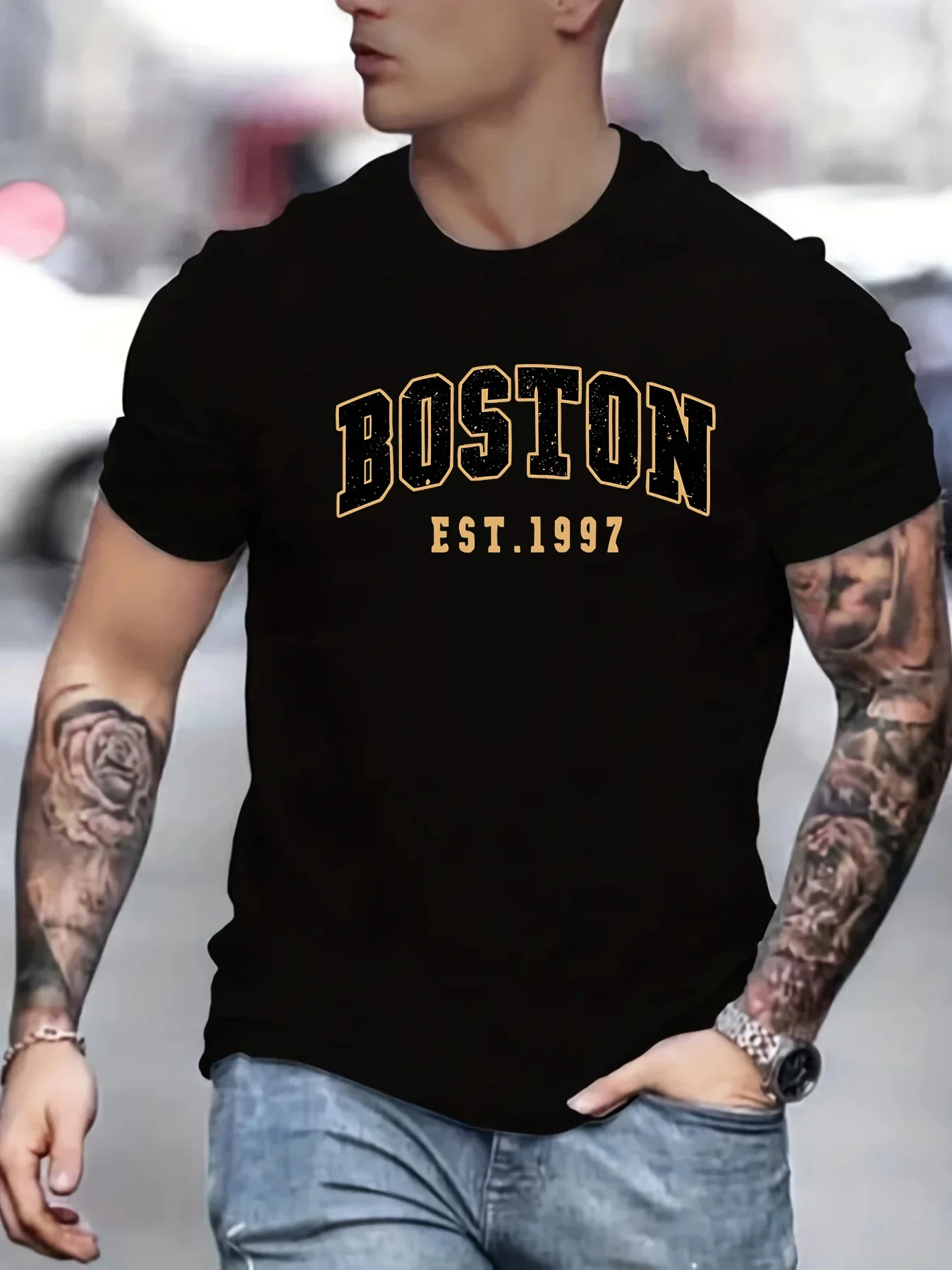 Men's Summer 100_ Pure Cotton Fashionable Casual Loose Boston EST 1997 Printed Sports Round Neck Short Sleeved T-shirt Top