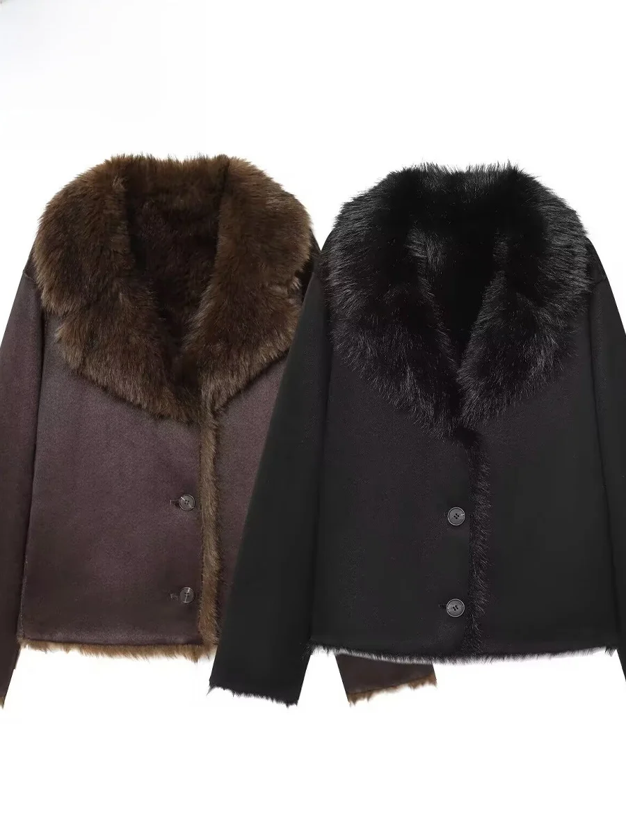 

ZARK Wind Women's Double-Sided Artificial Fur Effect Jaet Outerwear 3038 Stand Fit Polyester Fiber Long Sve Coat