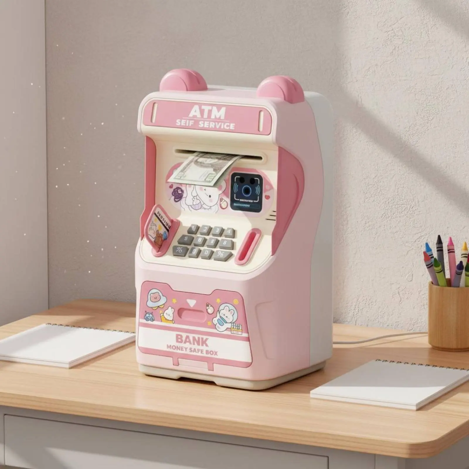 ATM Piggy Bank With Music Password Mini ATM Cash Saving Money Box Large Capacity Storage Box Pretend Card for Boys Girls Gift