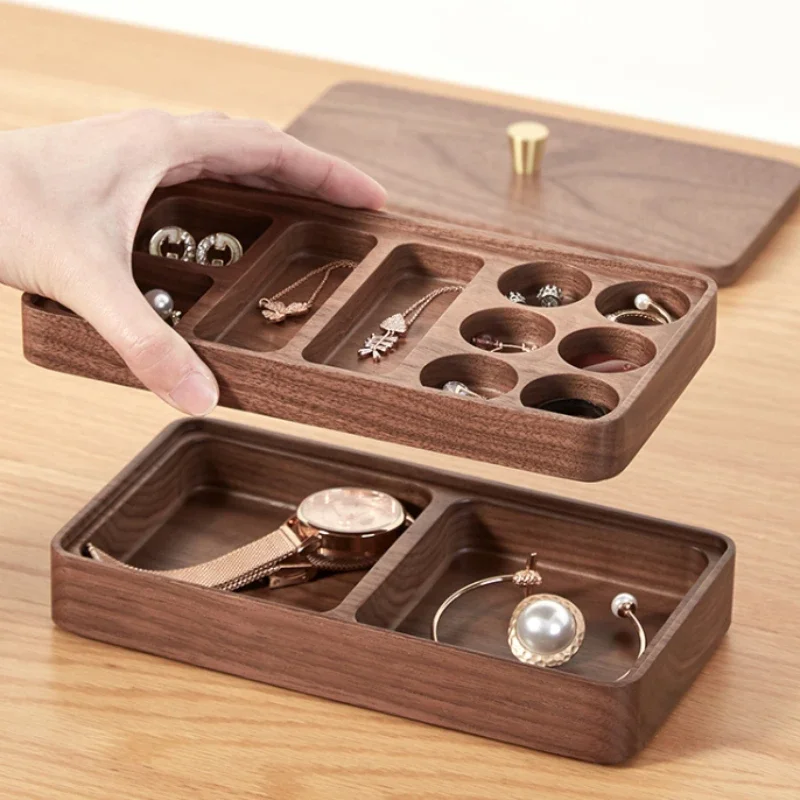 Direct Selling Nordic Jewelry Organizer Walnut Wood Brass Handle Earrings Necklace 2layer Dustproof Bracelet Ring Storage Boxes