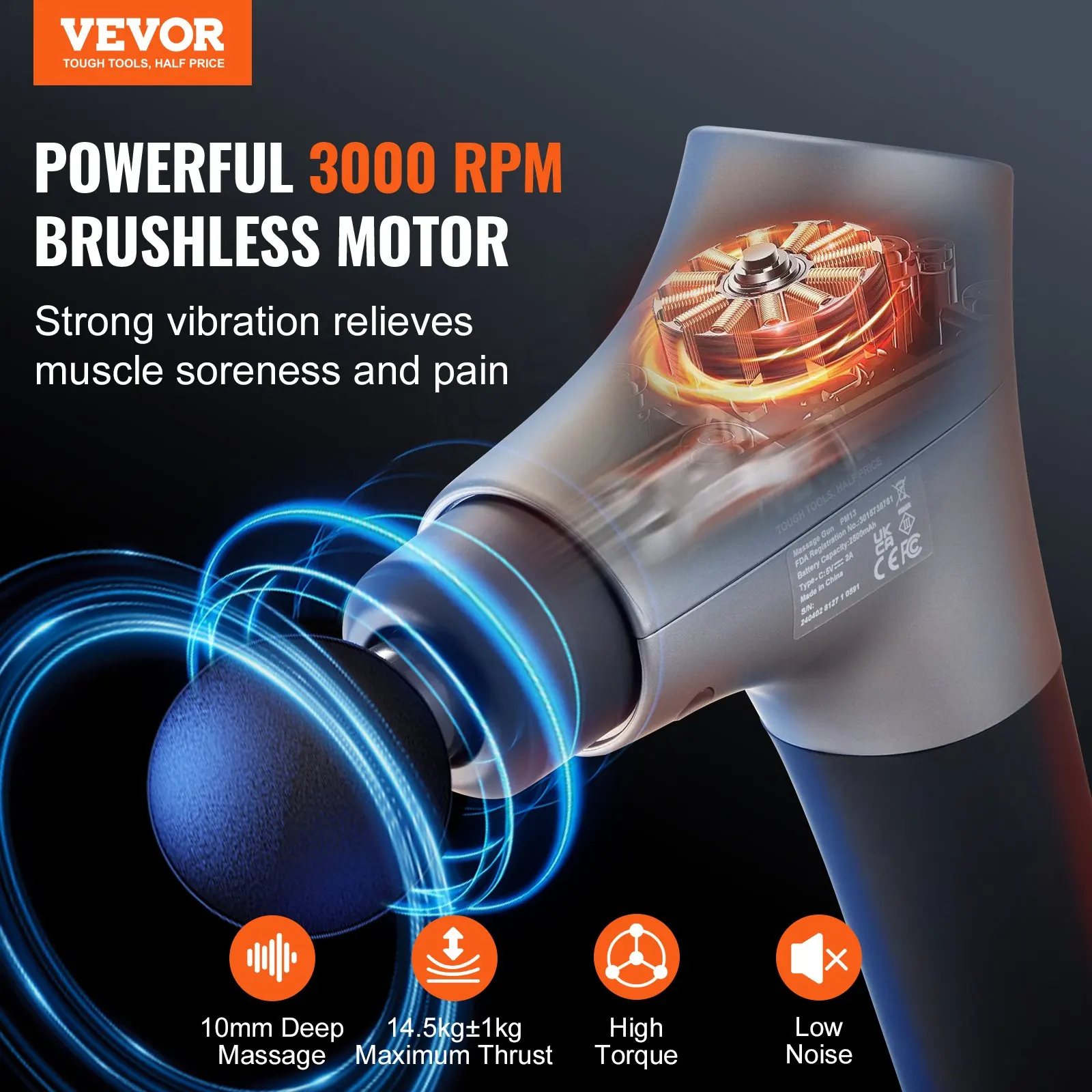 

Massage Gun Deep Tissue, Percussion Muscle Massager For Athletes - With 6 Speed Levels & 4 Massage Heads, 12V 2500mAh Batteries