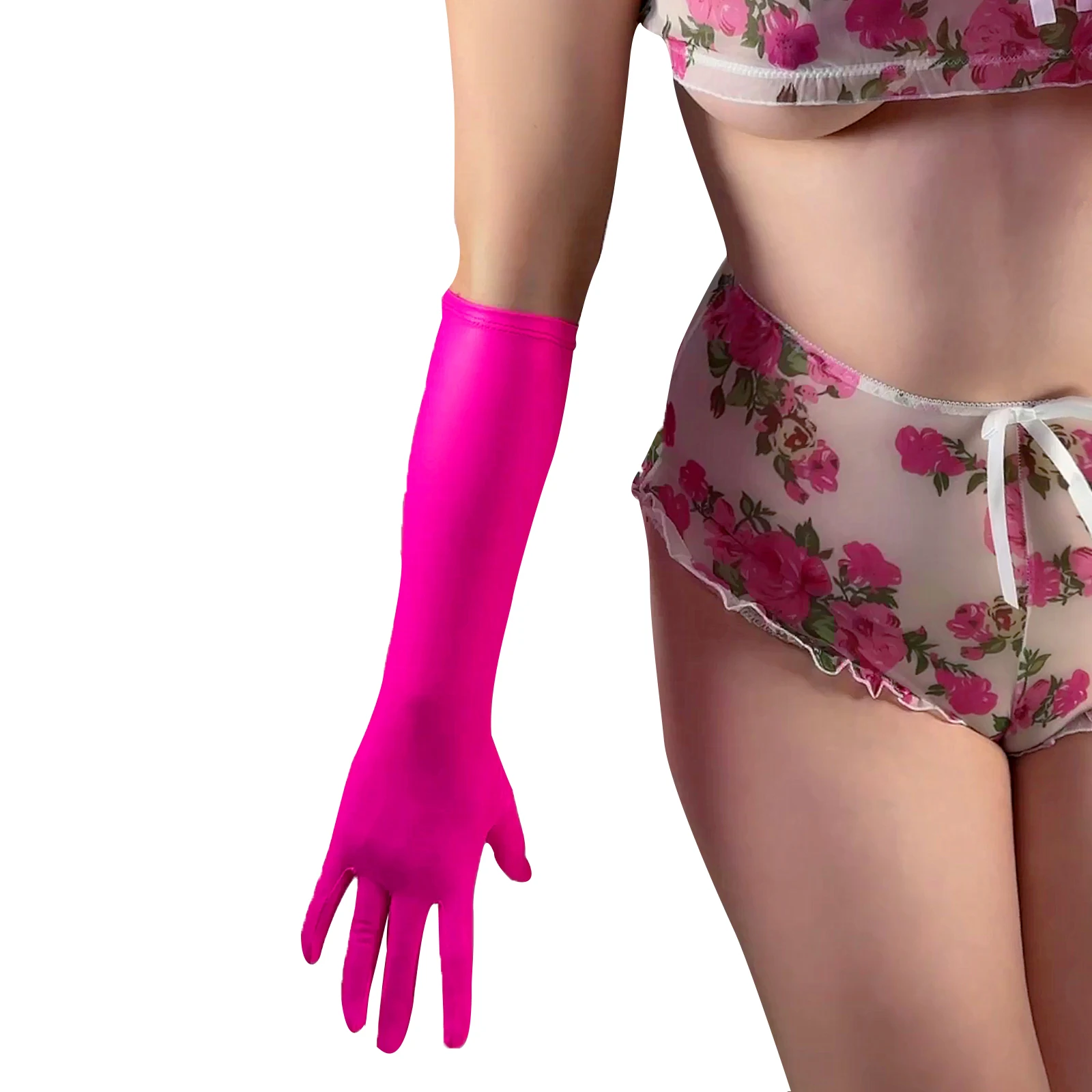 

Elbow LONG LATEX Rubber GLOVES Rose Pink Stretch Thin 2nd Skin Faux Leather 16" 40cm FITTED Evening Fashion Cosplay Nightclub