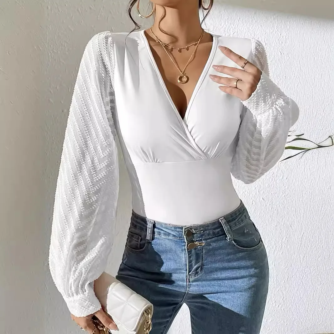 

New Spring Autumn Women's Long-sleeved T-shirt V-neck Slim Fit Fashion Pullover Top Chiffon Patchwork Lantern Sleeve White Tees