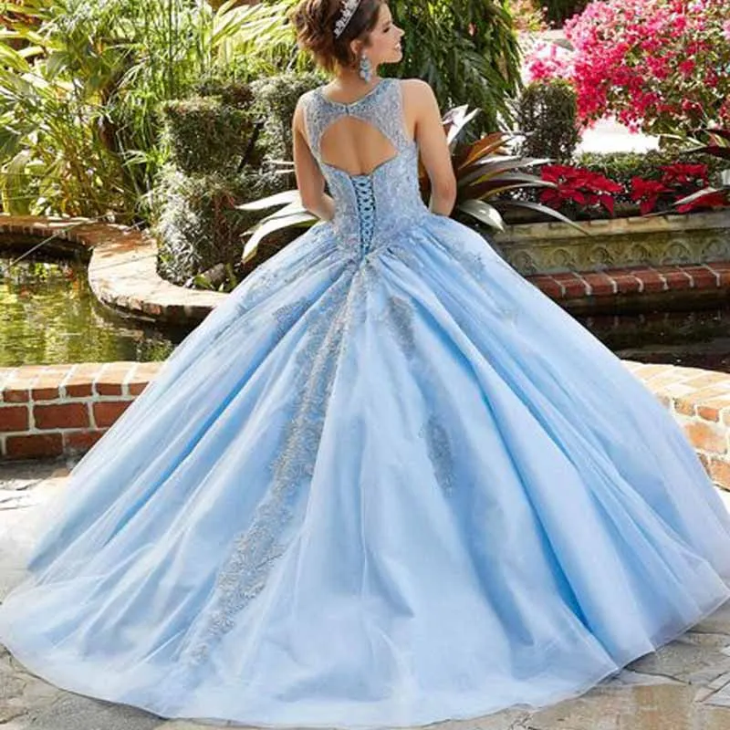 Vestido Quinceanera Céu Azul Tripulação Pescoço Lace Prom Dress Frisado Lantejoula Abrir Voltar Doce Princesa Vestido De Festa Show