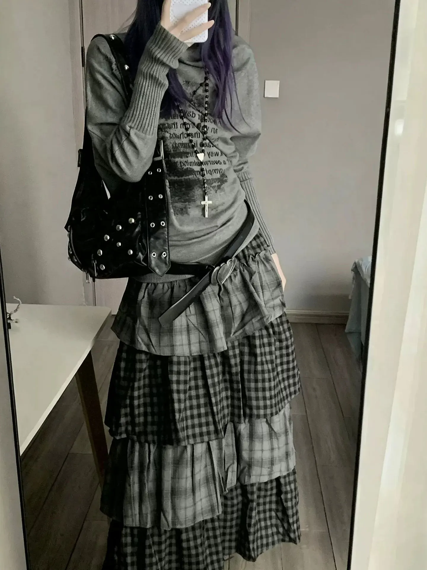 Korean Light Autumn Plaid Cake Skirt Women's Splicing Wooden  Half Skirt Elastic Waist Midi Skirt Casual Style