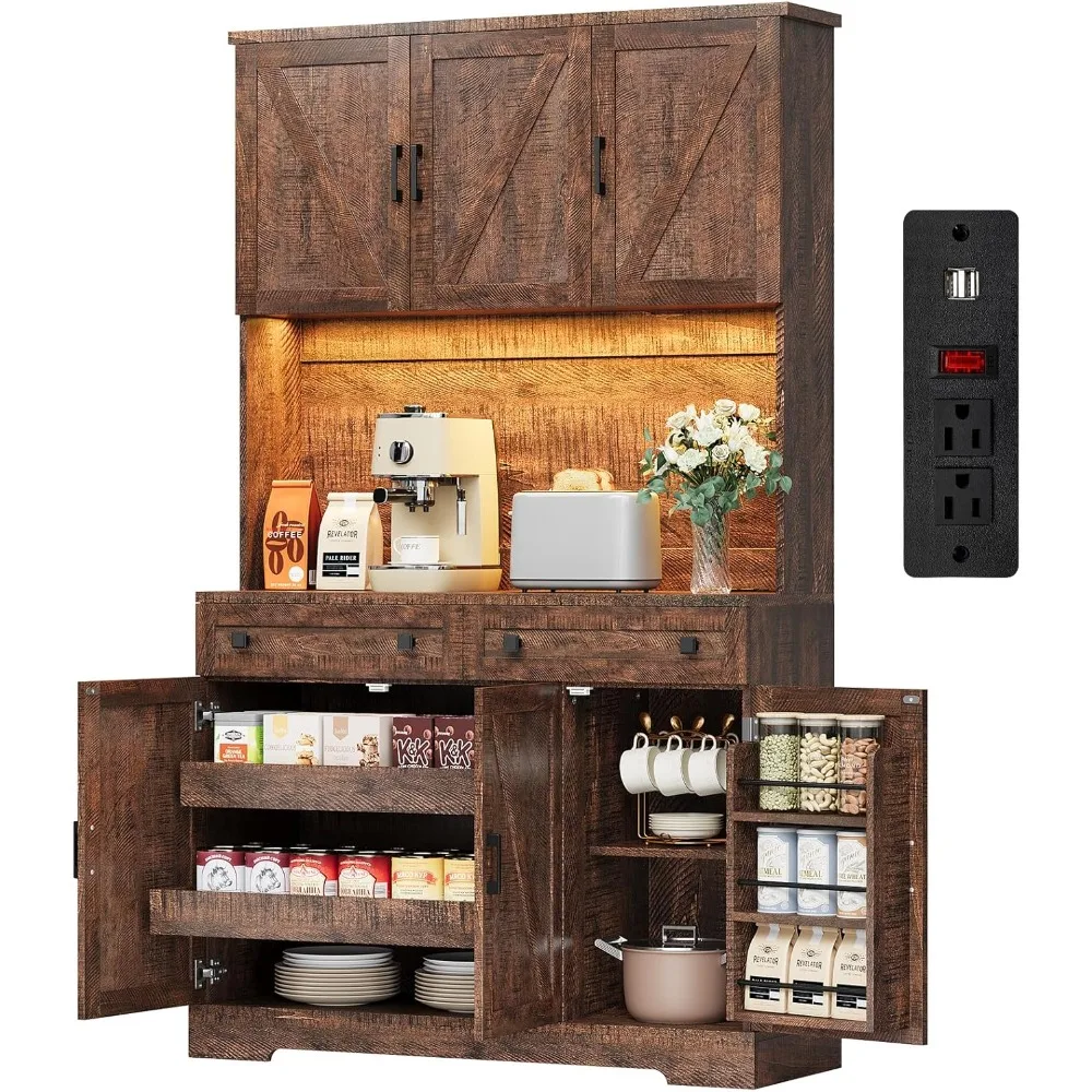 71-hoher Küchen-Speisekasten mit Ladestation und LED-Leuchten, Bauernhaus-Küchenschrank mit Mikrowellenständer