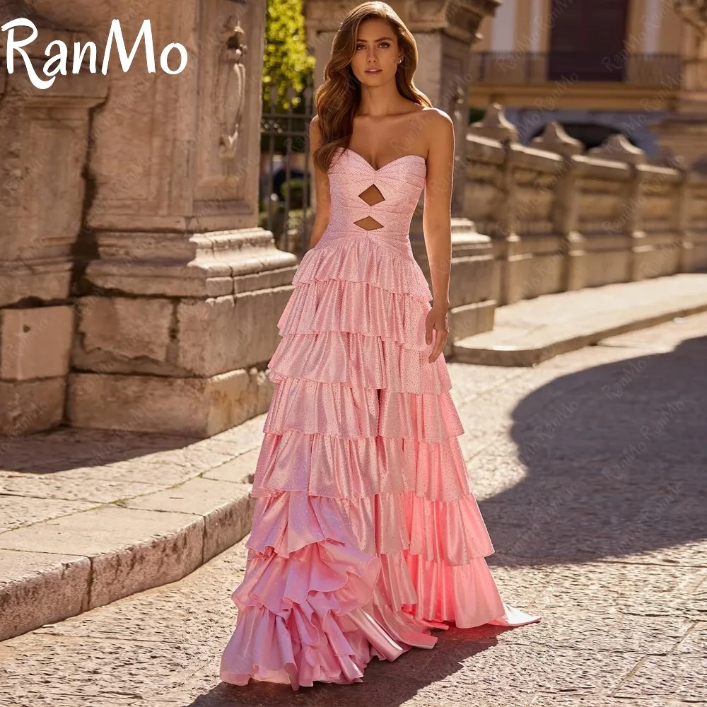 

Ranmo Elegant Pink Beaded Shining Evening Dresses Sexy Hollow Out 2025 Pleat Formal Party Dresses Sleeveless Layered Customsied