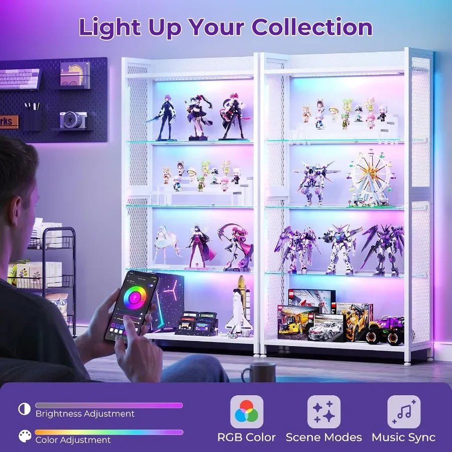 Display Case with Open Glass Shelves, RGB Light Display Cabinet view 4