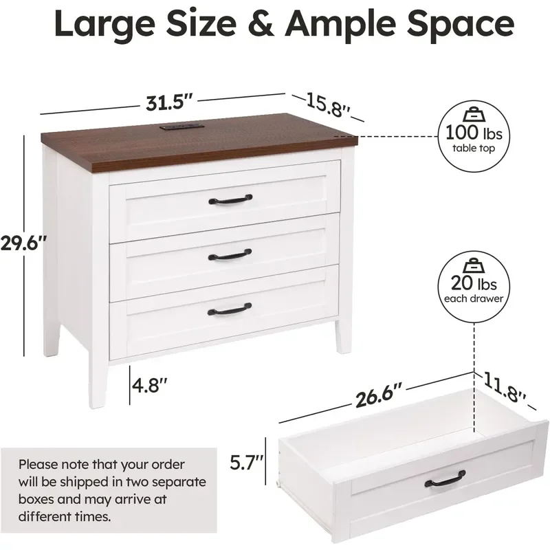 31.5 Large Oversized Night Stand Set of 2 with 3 Drawers White Nightstand