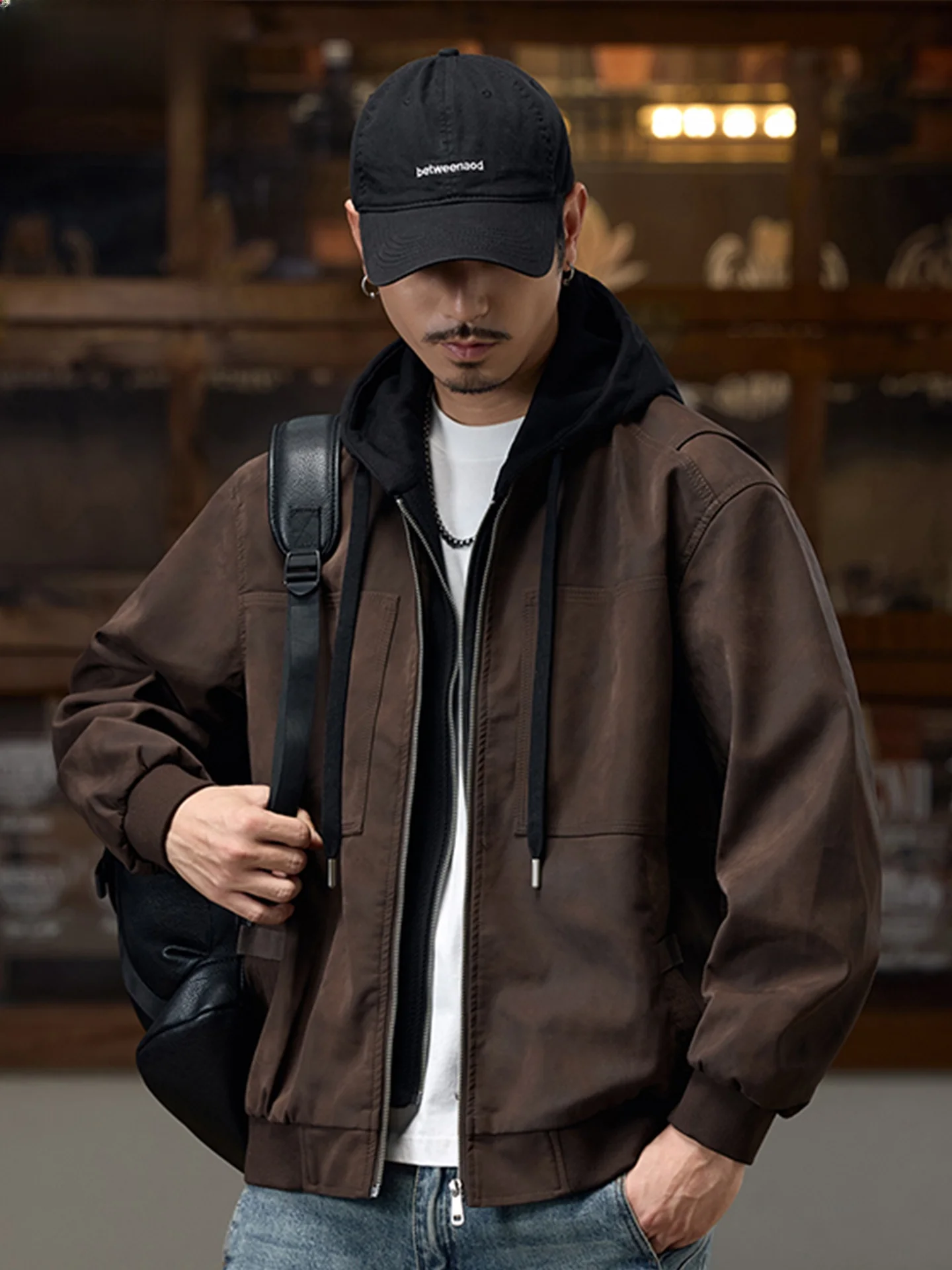 American Retro PU Leather Jaet Men's Hooded Coat Sli Casual High Glossin Autumn Winter New Arrival Fake Two-Piece Ja...