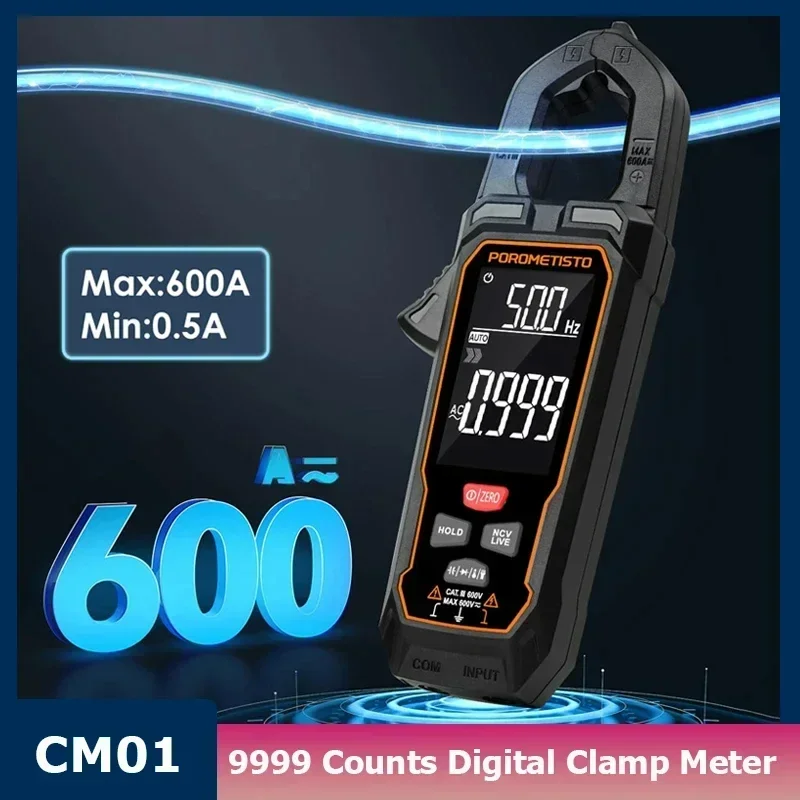 POROMETISTO Digital Clamp Meter Multimeter 9999 Counts 600V 600A AC/DC Current Temp Capacitance Ohm Hz Voltage Tester Plier