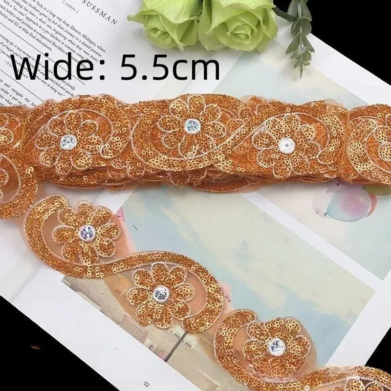 1Yards Lace Fabric Sequins Embroidered Ribbon Collar Trim Applique for Diy Wedding Sewing Dentelle