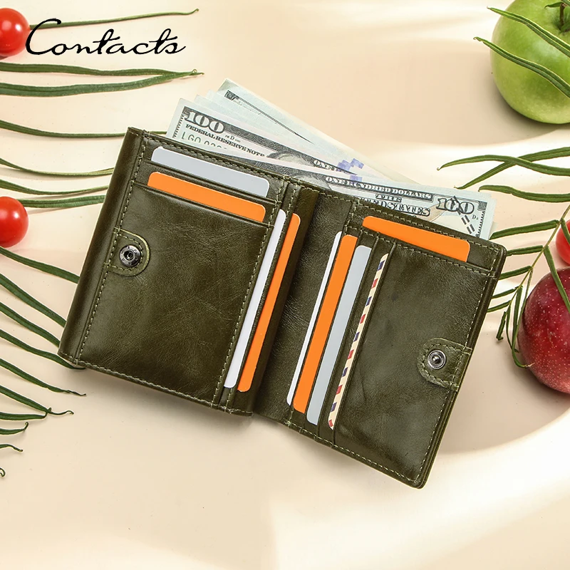 

CONTACT'S Genuine Leather Women Wallet Short Bifold Hasp RFID Purse Card Holder Coin Purses Female Bags Slim Wallet Money Clip