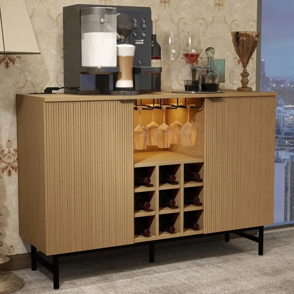 

Wine Bar Cabinet with Power Outlets and Led Lights, Fluted Liquor Cabinet Coffee Bar Cabinet for Home