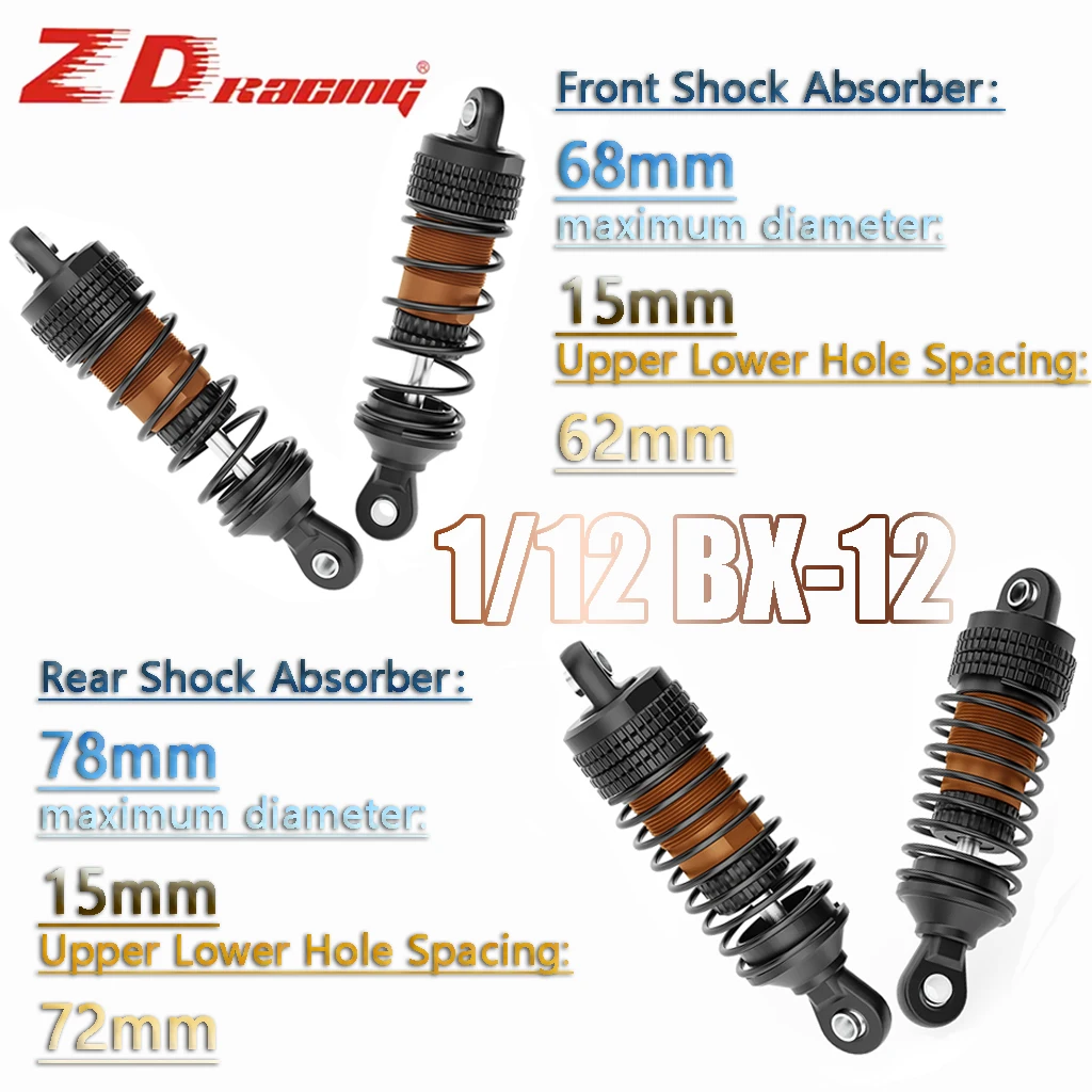 ZD Racing 2PCS Aluminum Shock Absorber 68mm/78mm Damper Hole Spacing 62mm/72mm for 1/12 BX-12 RC Off-Road Racing Model Car Parts
