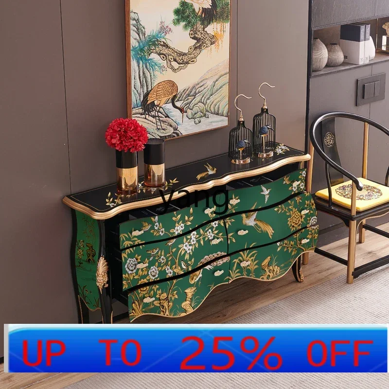 

LMM retro olive emerald painted Chinese solid wood villa entrance foyer decorative entrance cabinet