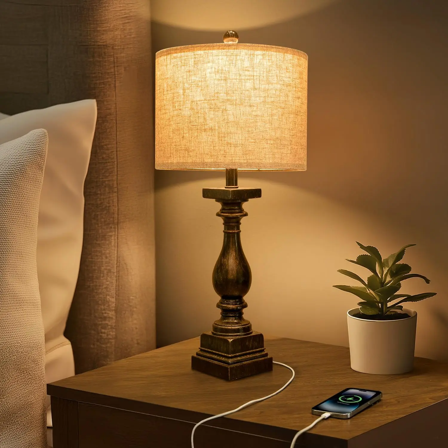 27" Bauernhaus-Tischlampe, 2er-Set mit USB-A+C-Aufladung für Schlafzimmer, Wohnzimmer, rustikale Vintage-Nachttischlampen