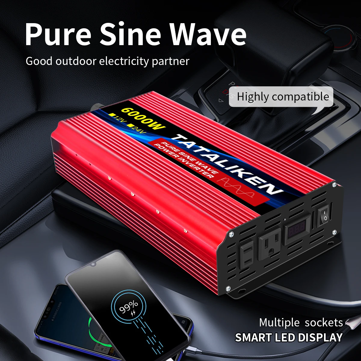 US Warehouse 12V To AC 110V 60HZ Pure Sine Wave Inverter Car Power 1600W/2500W/3500W/4500W Voltage Portable Converter with LED