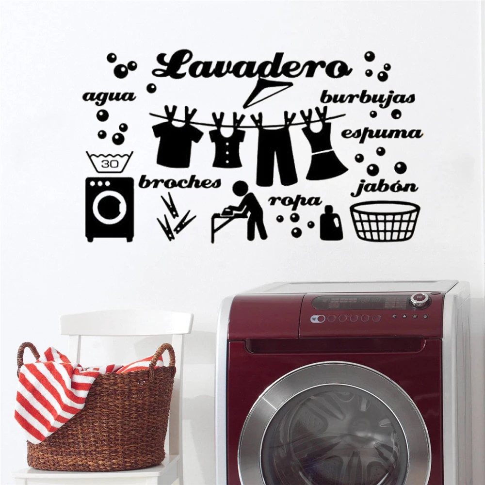 Laundry Room Spanish Words Wall Stickers Vinyl Decals Washhouse Wash Dry Lavadero Water Cloth Bubble Home Decor Murals DW14488