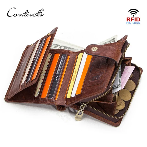 CONTACT'S billeteras cortas de cuero genuino para hombre, monedero Vintage RFID, tarjetero, Clip para dinero para hombre, cartera para mujer, bolso
