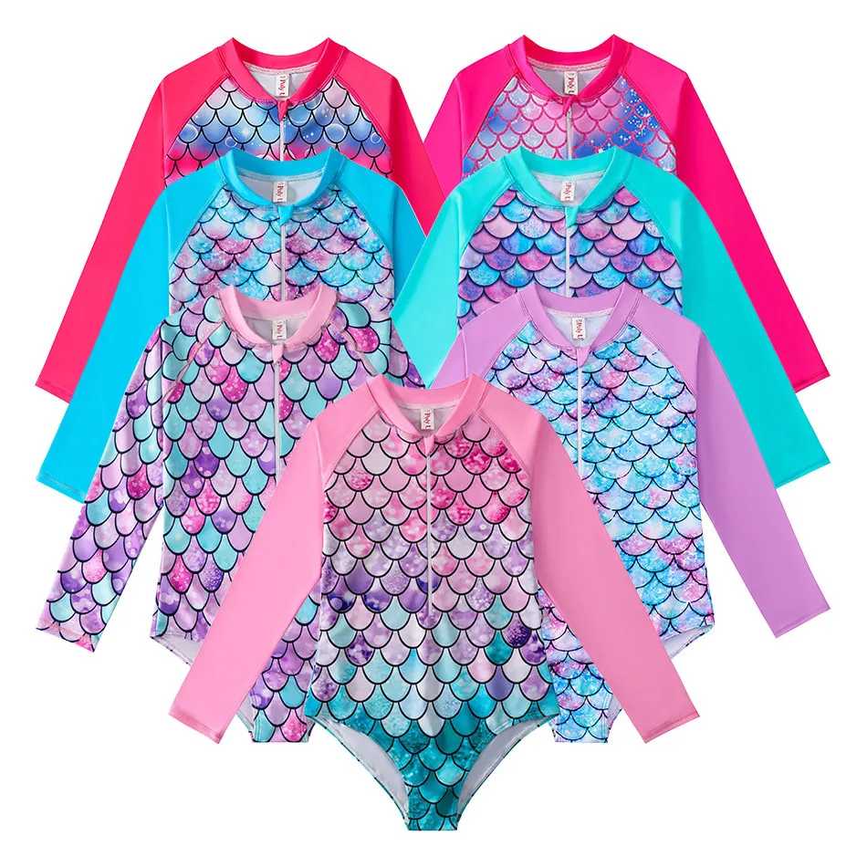 Children's Mermaid Swimsuit Children's One-Piece Swimsuit Long Sleeved Girl's Hot Spring Fish Scale Swimsuit Girl's Swimsuit