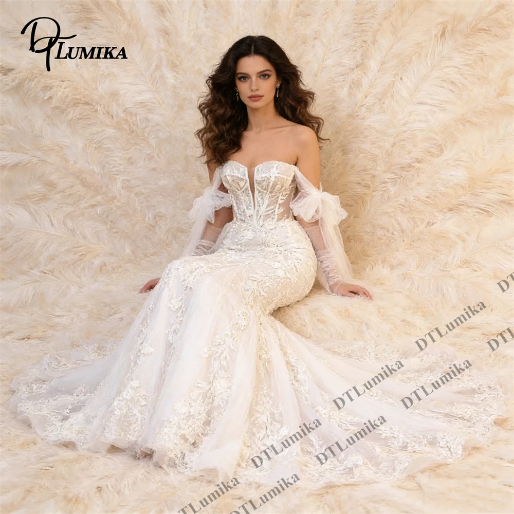 

White Tulle Mermaid Bridal Gown Strapless Corset Lace with Sheer Cape Sleeves Urban Gala Wedding Dresses Tailored Fitting