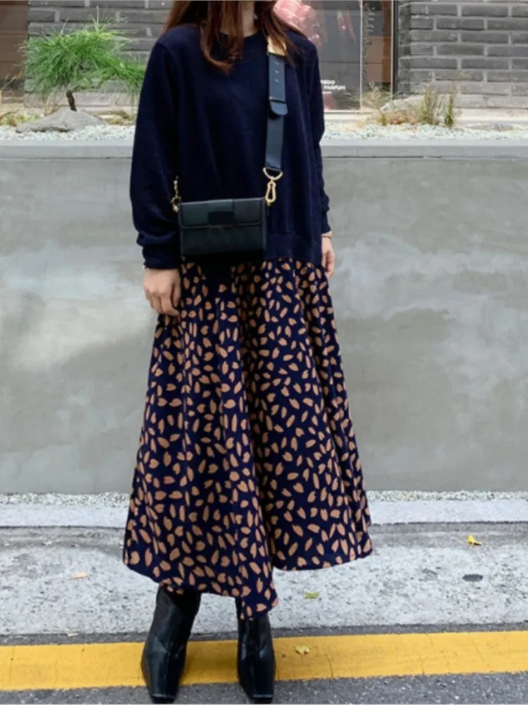 ربيع الخريف جديد فضفاض فساتين حريمي المرقعة كم طويل تي شيرت طباعة رداء وهمية قطعتين فستان طويل السيدات Vestidos