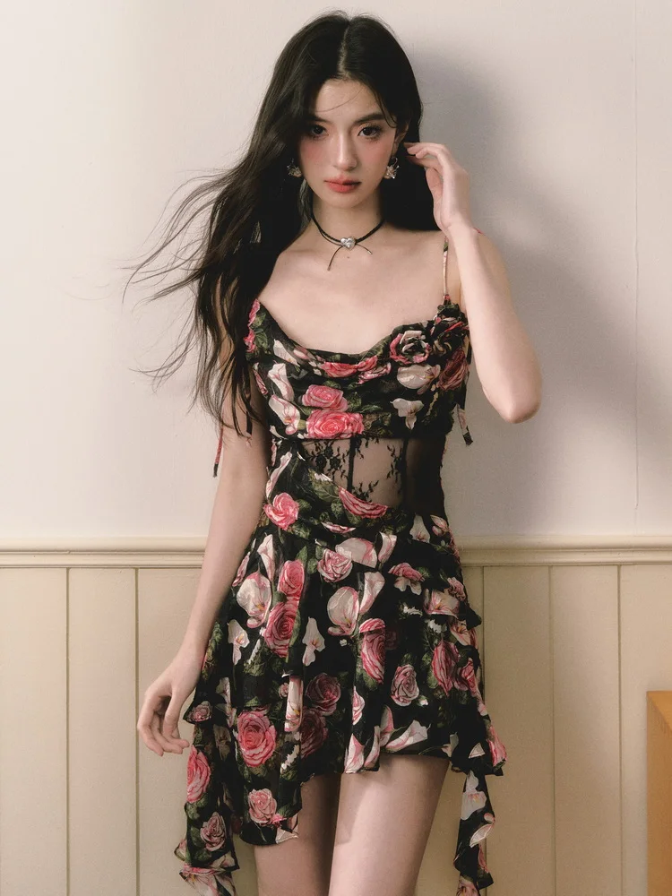 ReddaChic Romantic Rose Strappy Women One-piece Irregular Ruffle Flowy Sheer Mesh Stitch Mini Floral Dress Casual Summer Clothes