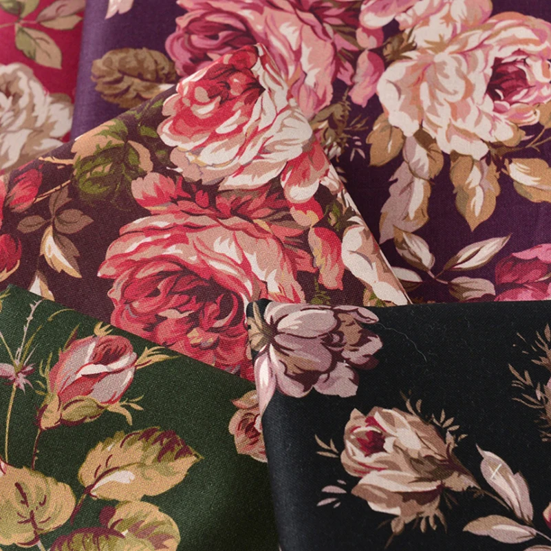 Rose Fabric Retro Flower Cotton Digital Printing for Sewing Dress Clothes DIY Handmade by Half Meter