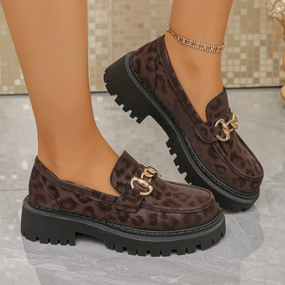Damen-Mode Leoparden-Patchwork Slip-on Loafer mit Blockabsatz und Plateau 2026 Neue Freizeitschuhe Übergröße 43 – Detail 3