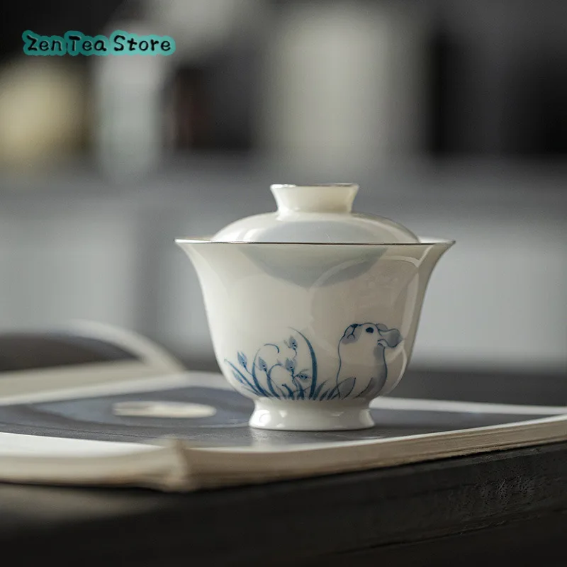 

Jade Clay White Porcelain Hand-painted Silver Mouth Cover Bowl Kung Fu Tea Set Ceramic Tea Bowl Jade Rabbit Moon Cover Bowl