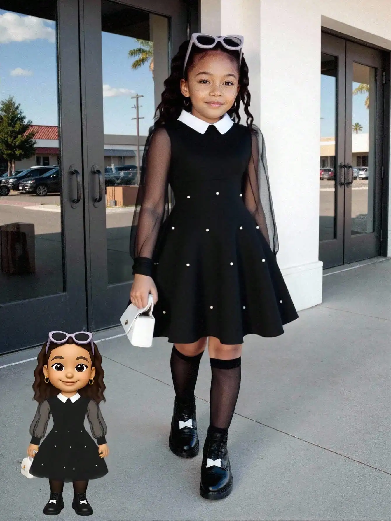 

Girls Black Collared Dress with Mesh Sleeves and Pearl Embellishments, School & Party Wear