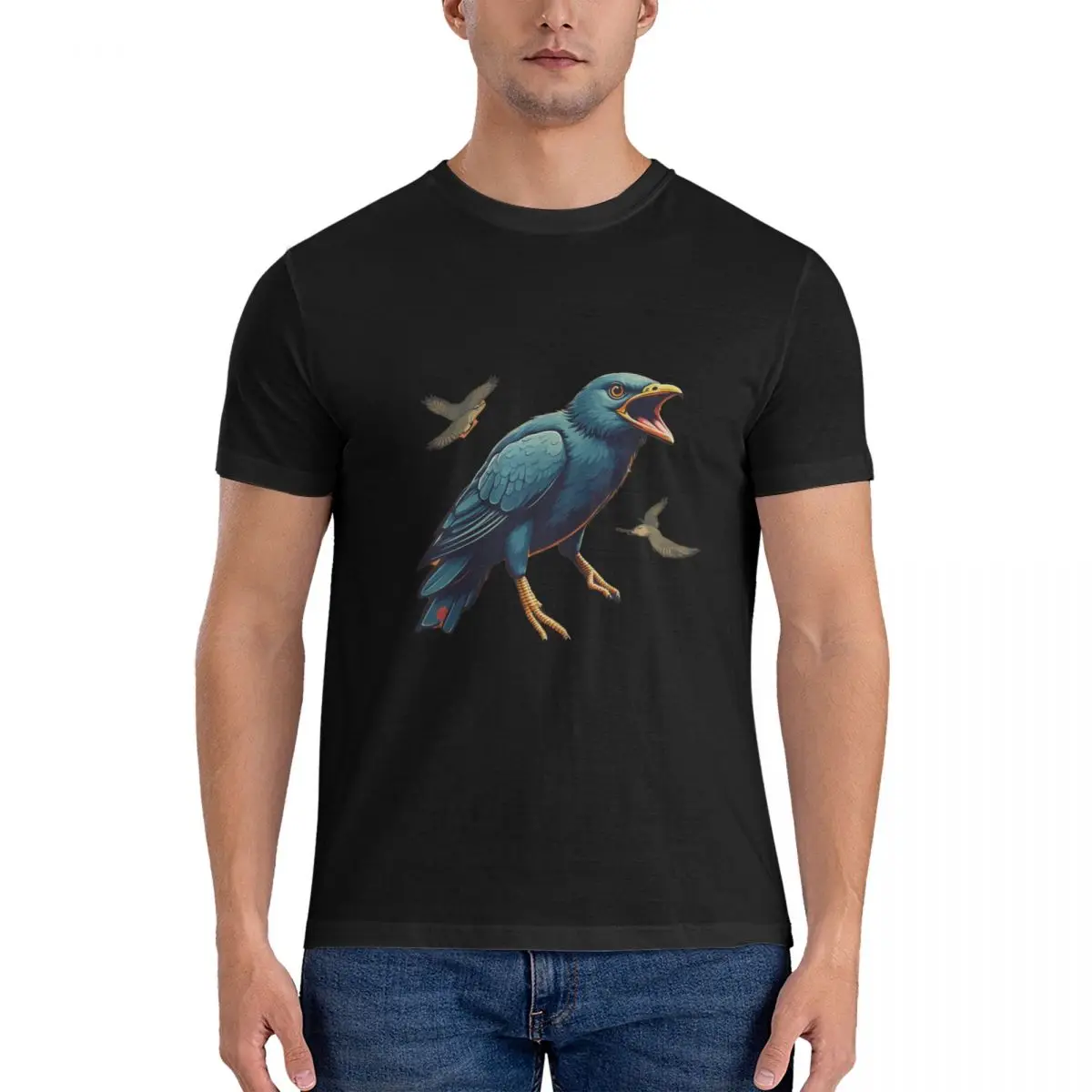 Blue Bird With Open Beak T Shirt Men 100% Cotton Awesome T-Shirts Round Neck cute Tee Shirt Short Sleeve Clothing Adult