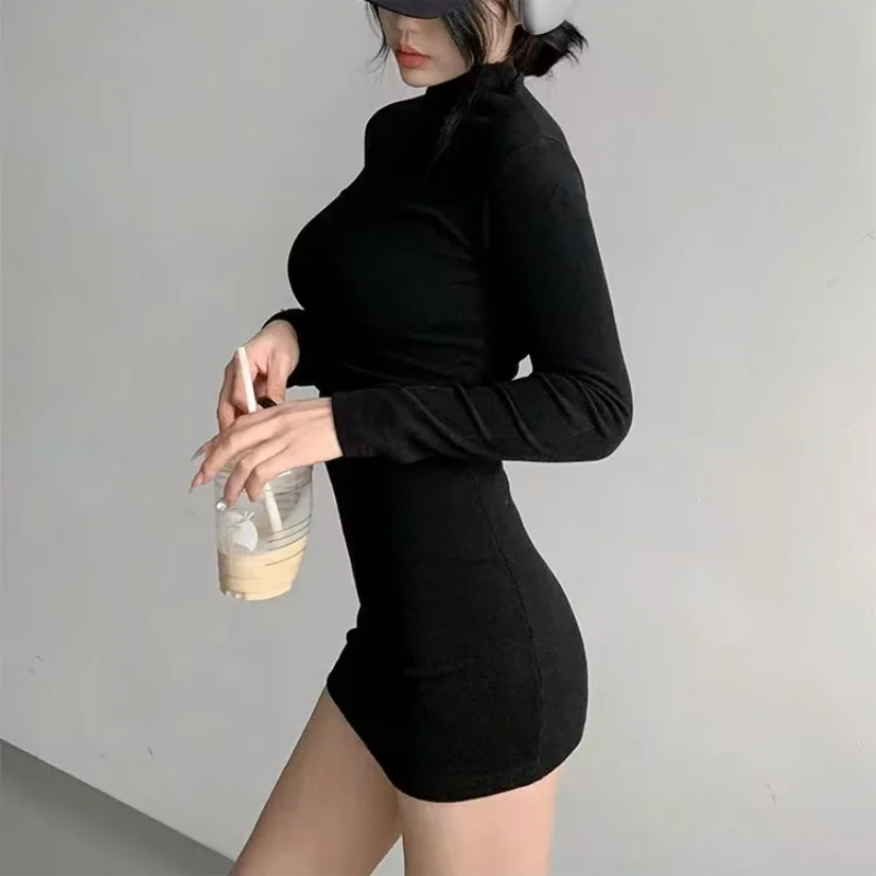 Fashion New Solid Half High Collar Dresses Autumn Winter Women Long Sleeves Sexy Bodycon Mini Dress Club Elegant Party Dresses
