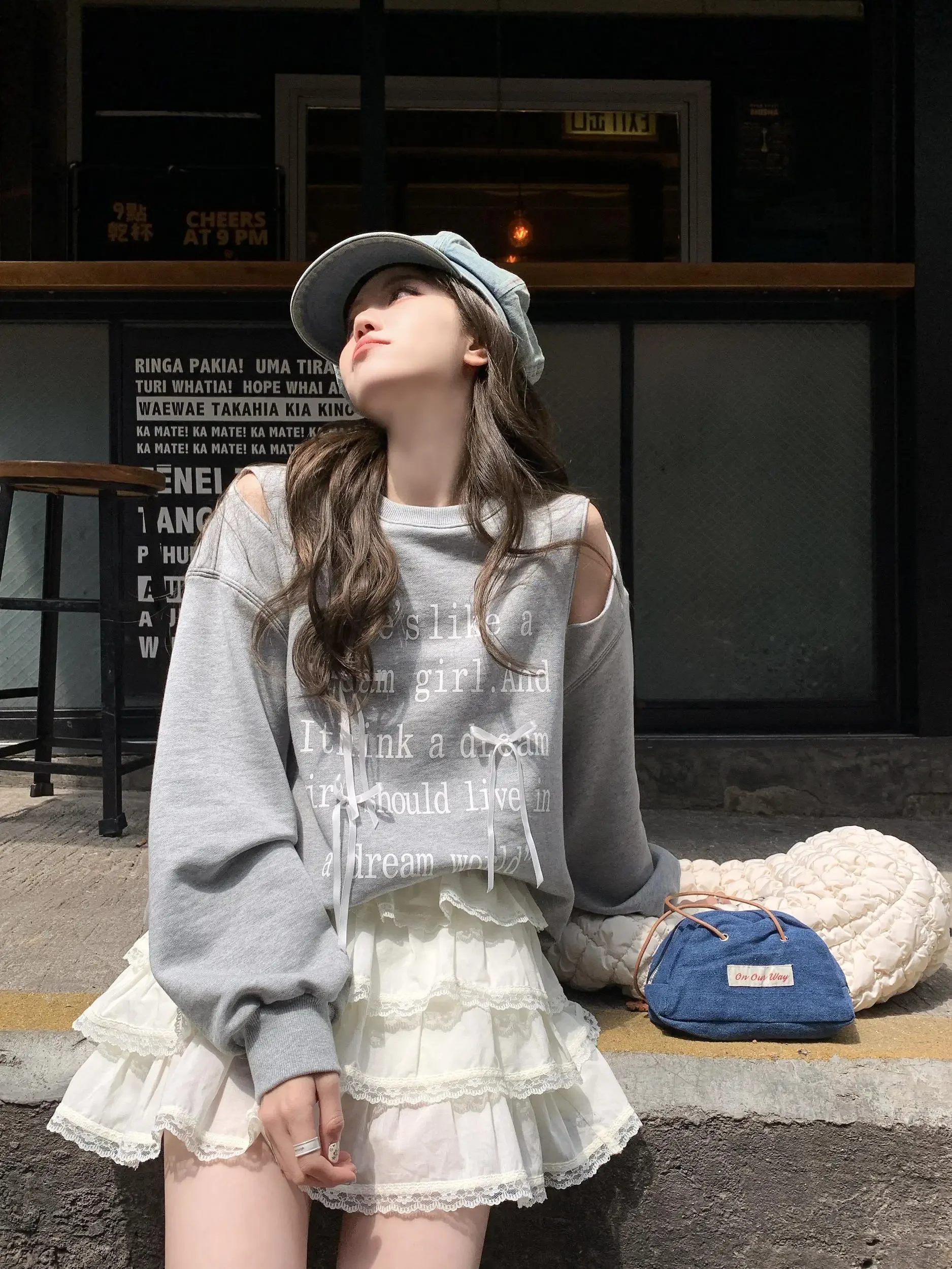 

Letter Print Bow Casual Loose Hollow Out Pullover Sweatshirt + Lace Ruffle Edge Multilayer Skirts Two Piece Sets Womens Outifits